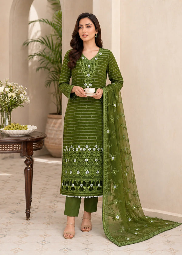 Olive Royale – Olive Premium Embroidered Linen 3PC Suit with Chiffon Dupatta