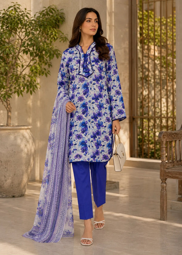 Floral Printed Lawn Kurta Set with Blue Farshi Shalwar and Dupatta