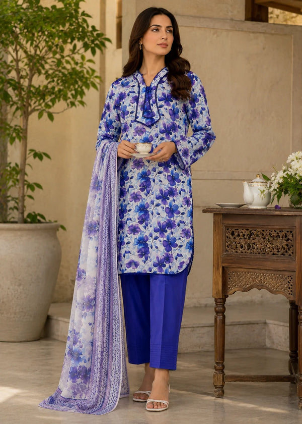 Floral Printed Lawn Kurta Set with Blue Farshi Shalwar and Dupatta