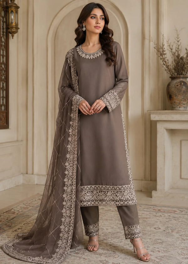 Elegant Brown Embroidered Chiffon Kurta Set with Straight Trousers