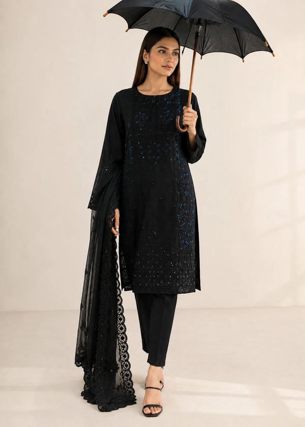 Black Embroidered Cotton Kurta Set with Organza Dupatta