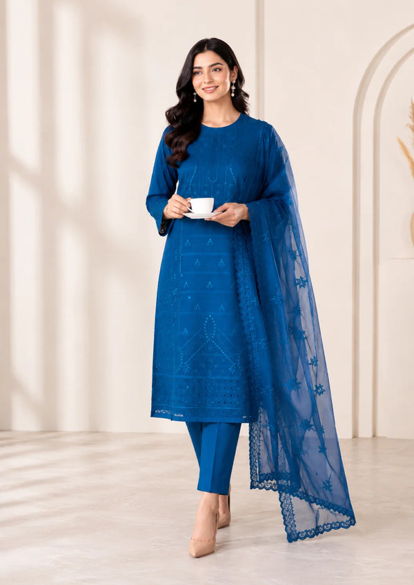 Royal Blue Embroidered Cambric Kurta Set with Organza Dupatta