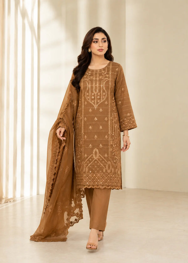 Caramel Brown Embroidered Kurta Set with Chiffon Dupatta