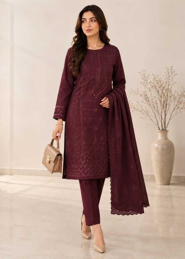 Brown Embroidered Cotton Kurta with Straight Trousers