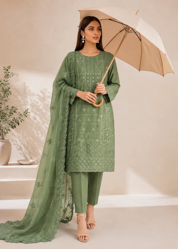 Olive Green Embroidered Cotton Kurta Set with Organza Dupatta