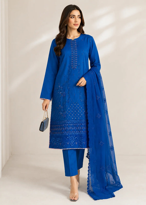 Embroidered Royal Blue Kurta Set with Chiffon Dupatta