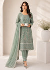 Sea Green Embroidered Chiffon Kurta Set with Straight Trousers and Dupatta