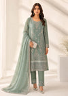 Sea Green Embroidered Chiffon Kurta Set with Straight Trousers and Dupatta