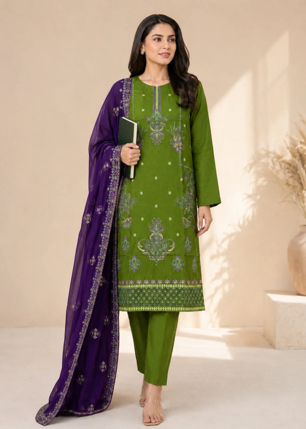 Olive Green Embroidered Linen Kurta Set with Chiffon Dupatta