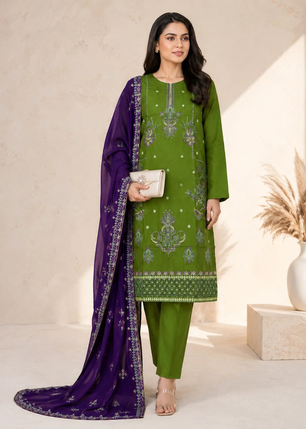 Olive Green Embroidered Linen Kurta Set with Chiffon Dupatta