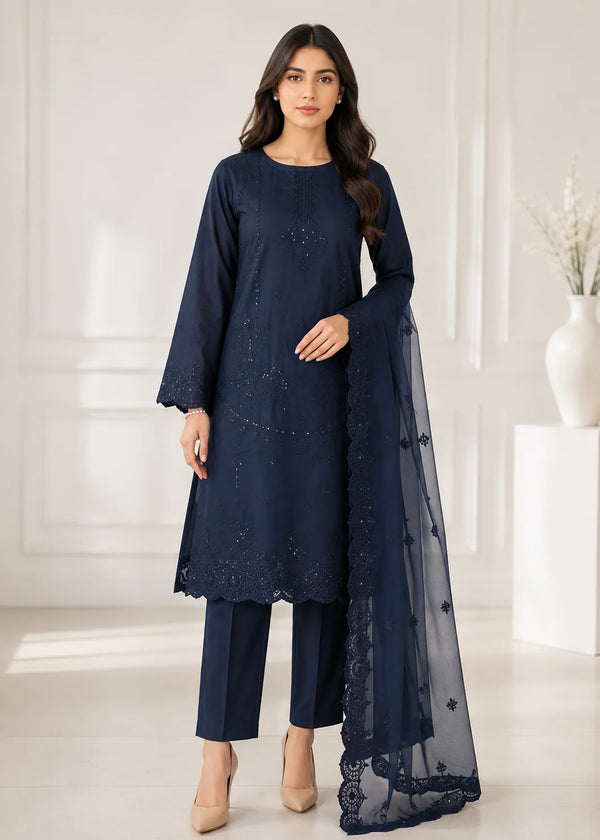 Navy Blue Embroidered Kurta Set with Chiffon Dupatta
