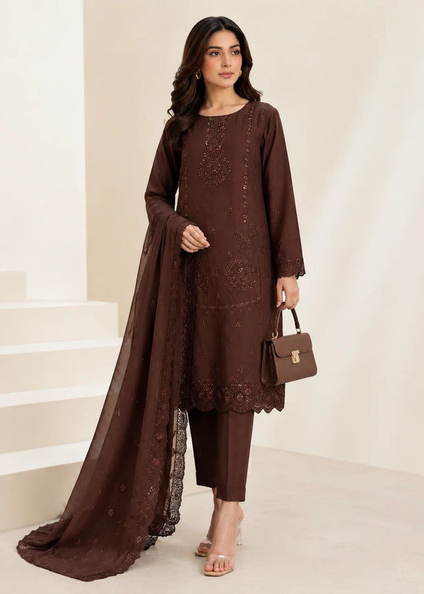 Chocolate Brown Embroidered Cotton Kurta Set with Chiffon Dupatta