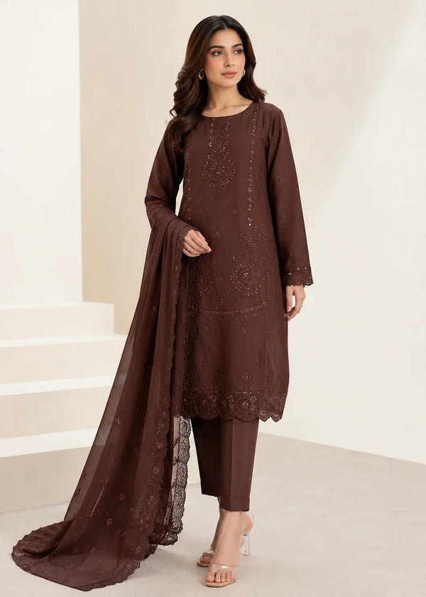 Chocolate Brown Embroidered Cotton Kurta Set with Chiffon Dupatta