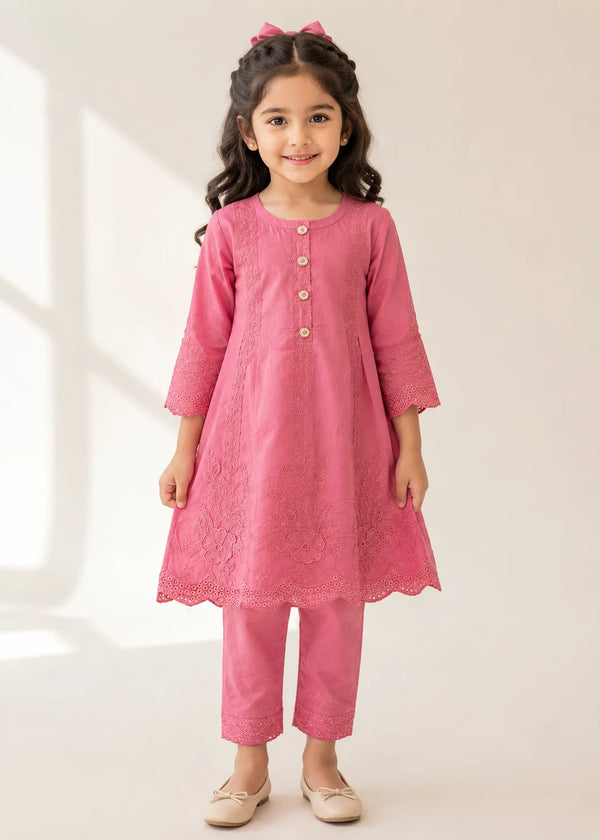 Charming Pink Embroidered Cotton Jacquard Short Frock