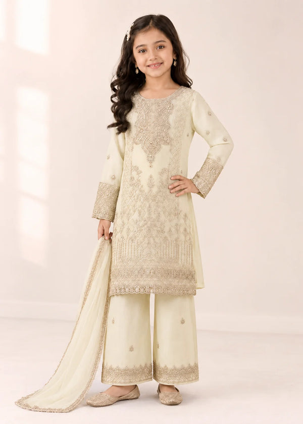 Pure White – Premium Embroidered Kids 3PC Kurta Set