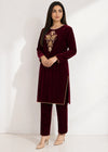 maroon handmade velvet kurta set