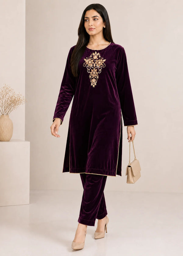 Purple – Luxury Handworked Velvet 2PC Kurta Set