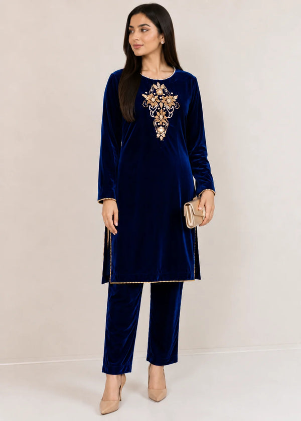 Navy Blue Opulence – Handcrafted Velvet Ensemble
