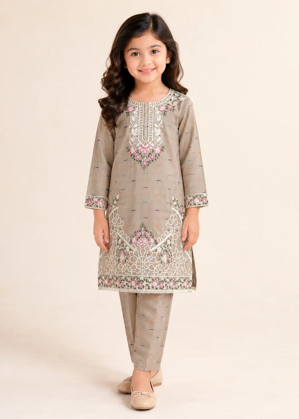 Kids Embroidered Beige Cotton Kurta Set