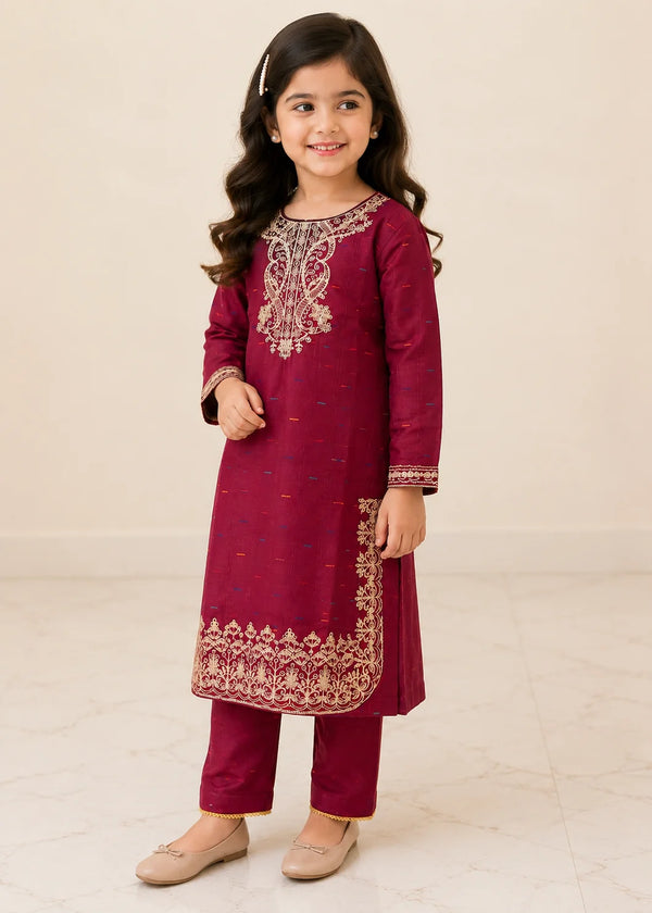 Kids Maroon Embroidered Kurta with Straight Trousers