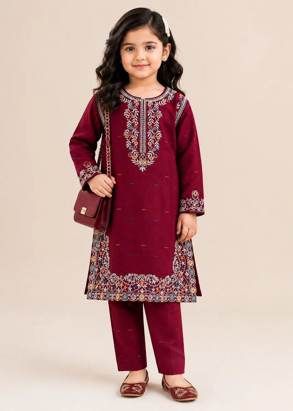 Girls Maroon Embroidered Cotton Kurta Set