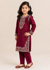 Girls Maroon Embroidered Cotton Kurta Set