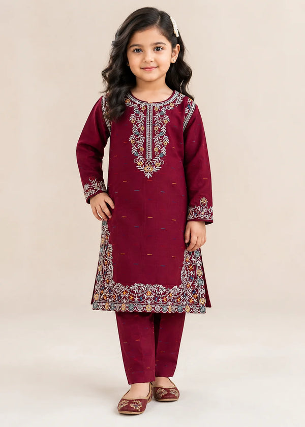 Girls Maroon Embroidered Cotton Kurta Set