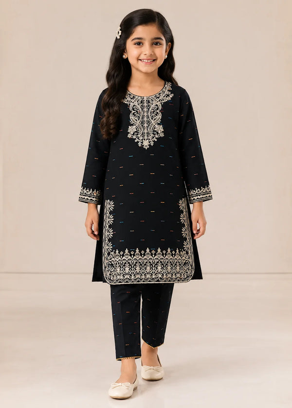 Black Embroidered Kids Kurta Set with Straight Trousers