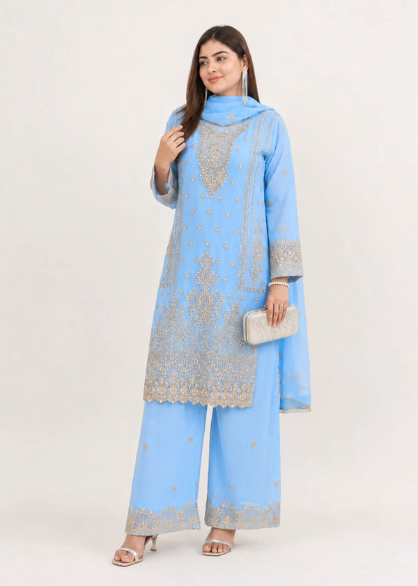 Powder Blue – Premium Embroidered Chiffon 3PC Kurta Set
