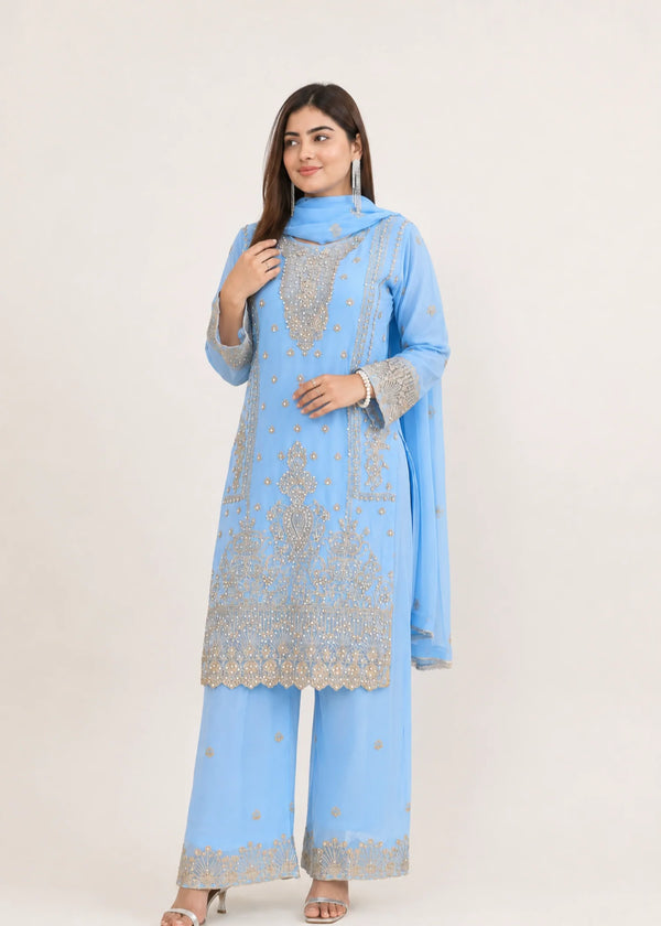 Powder Blue – Premium Embroidered Chiffon 3PC Kurta Set