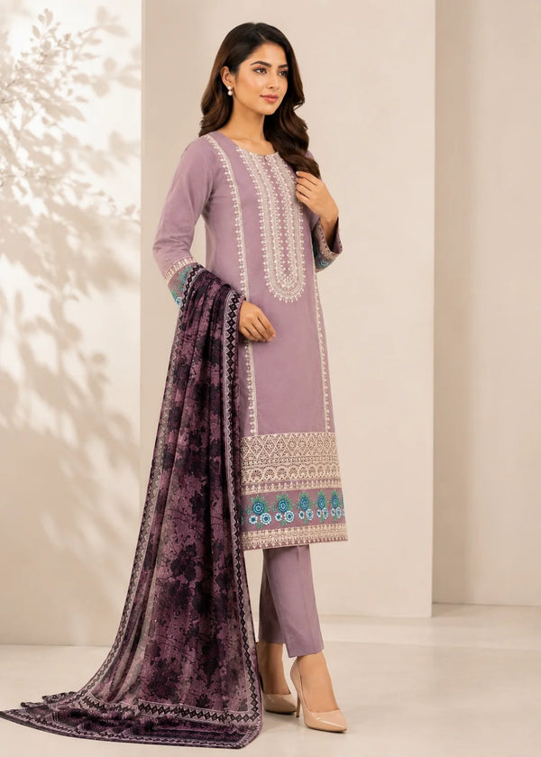 Elegant Lavender Embroidered Kurta Set with Printed Dupatta