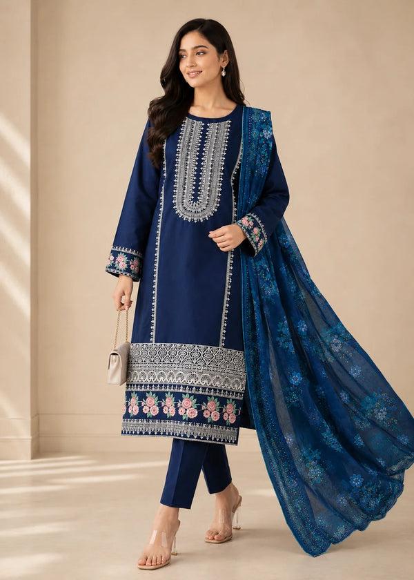Navy Blue Embroidered Kurta Set with Floral Details