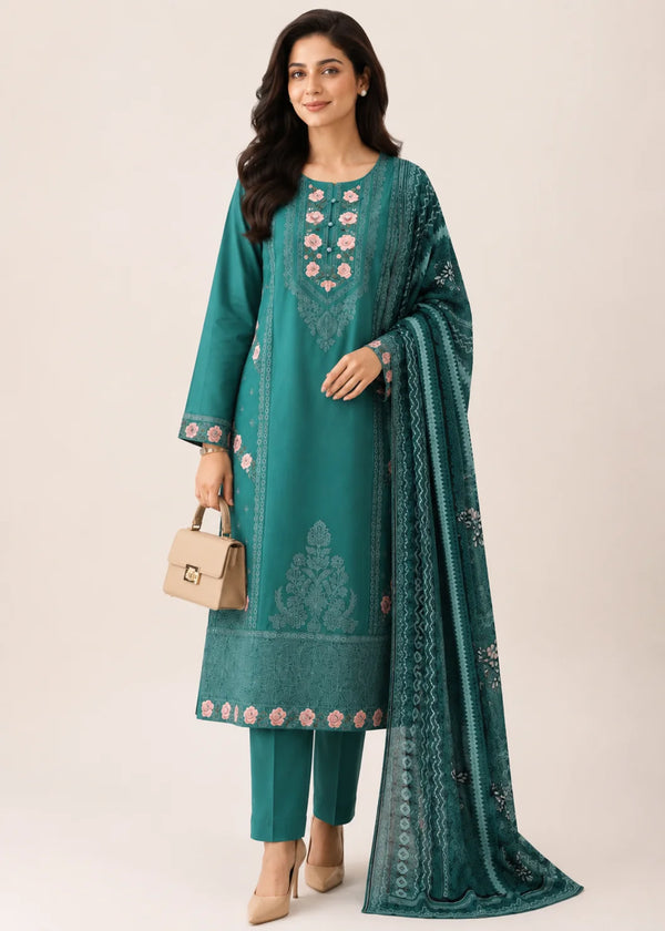 Sea Green Embroidered Lawn Kurta Set with Printed Dupatta