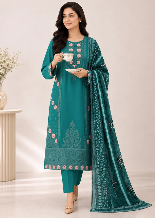 Sea Green Embroidered Lawn Kurta Set with Printed Dupatta