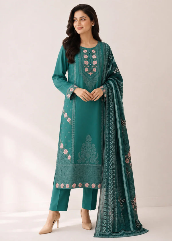 Sea Green Embroidered Lawn Kurta Set with Printed Dupatta