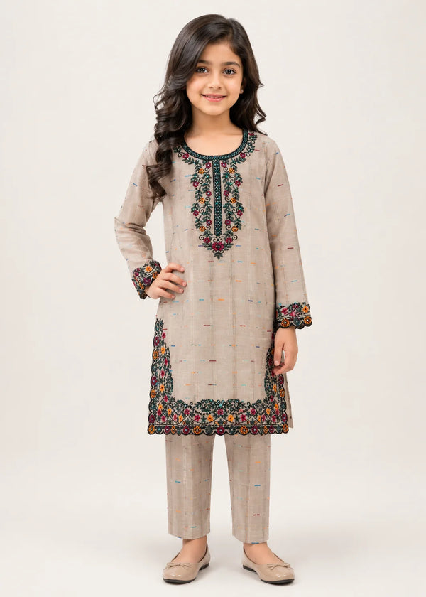 Girls Beige Embroidered Straight Kurta Set