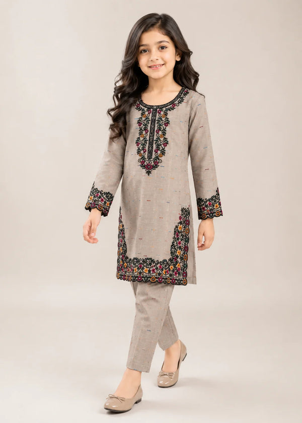 Girls Beige Embroidered Straight Kurta Set
