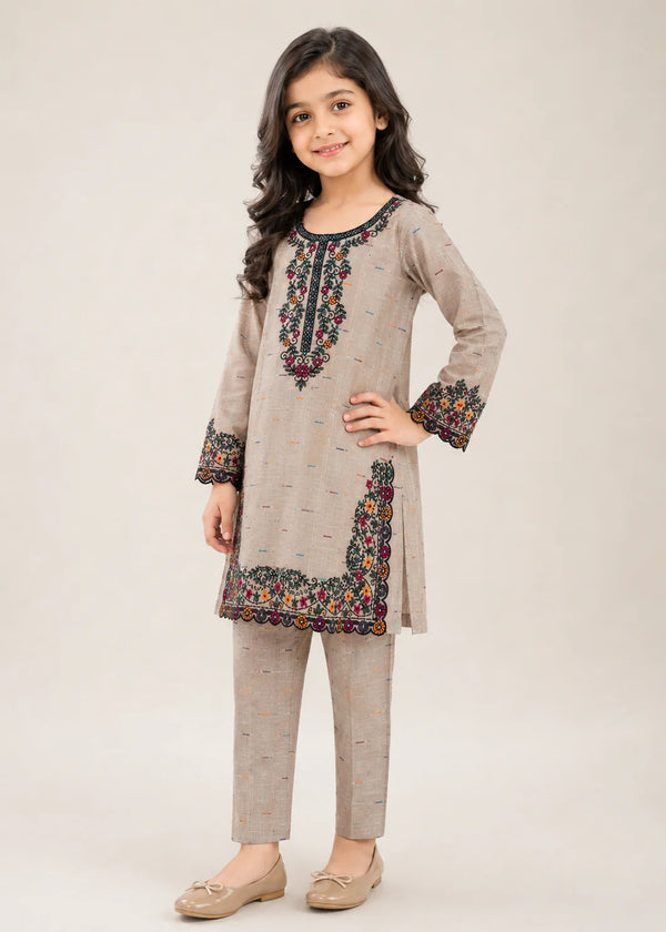 Girls Beige Embroidered Straight Kurta Set