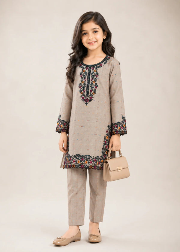 Girls Beige Embroidered Straight Kurta Set