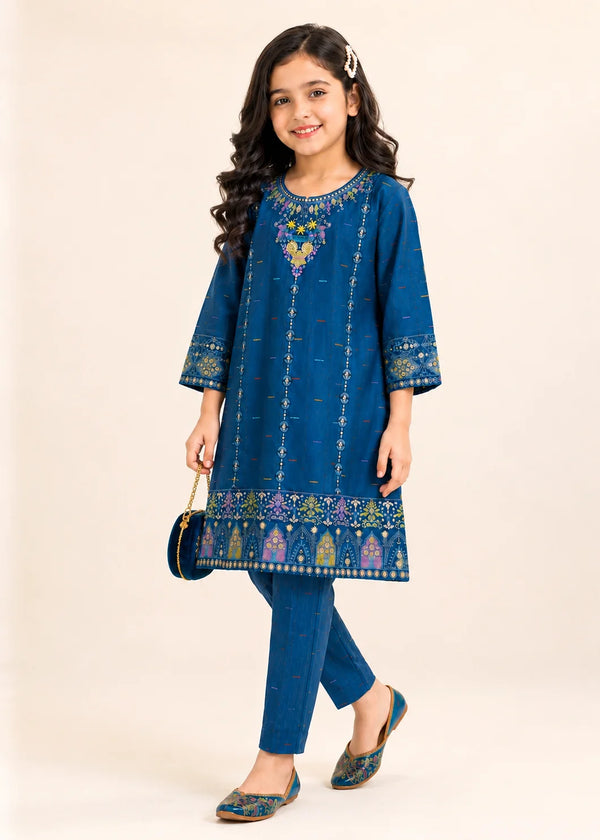 Kids blue Embroidered Lawn Kurta Set with Straight Trousers
