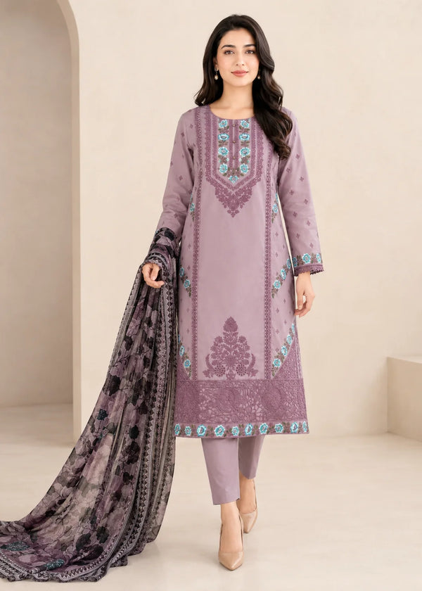 Mauve Embroidered Cambric Cotton Kurta Set with Printed Dupatta