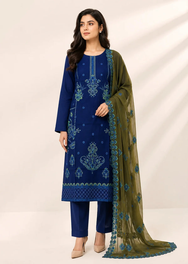 Elegant Navy Embroidered Linen Kurta Set with Chiffon Dupatta