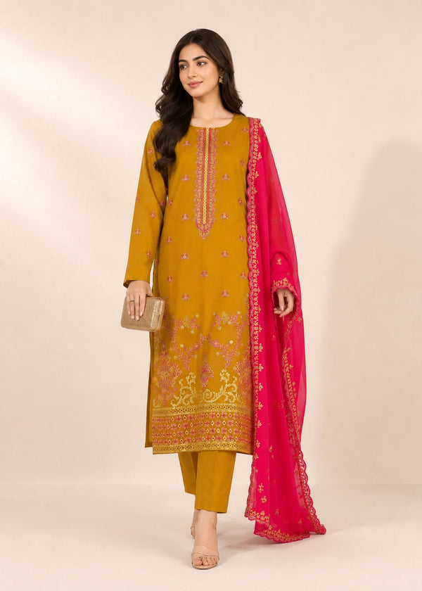Mustard Embroidered Linen Kurta Set with Hot Pink Chiffon Dupatta