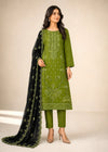 Olive Green Embroidered Linen Kurta Set with Black Chiffon Dupatta