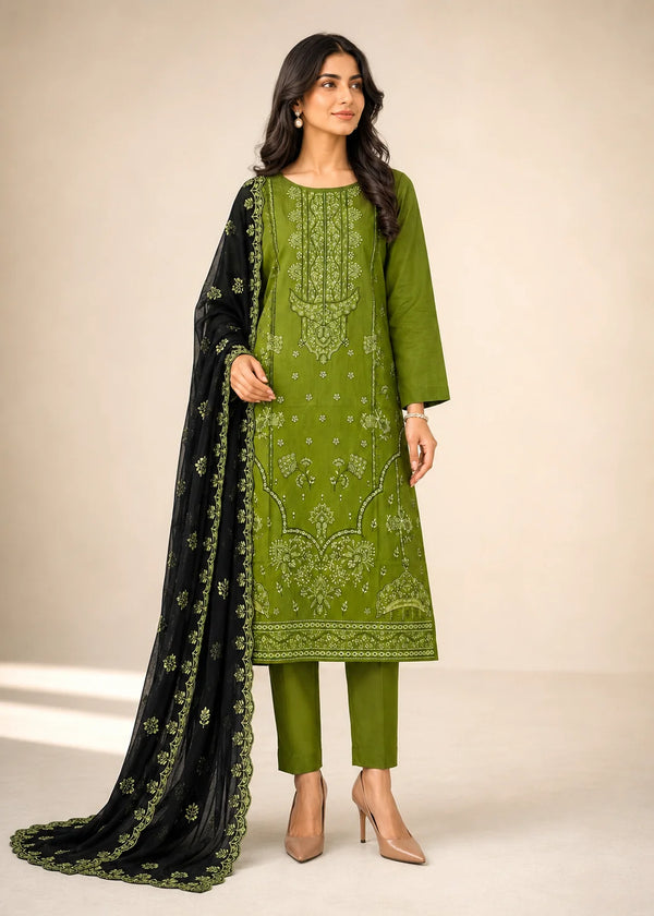 Olive Green Embroidered Linen Kurta Set with Black Chiffon Dupatta