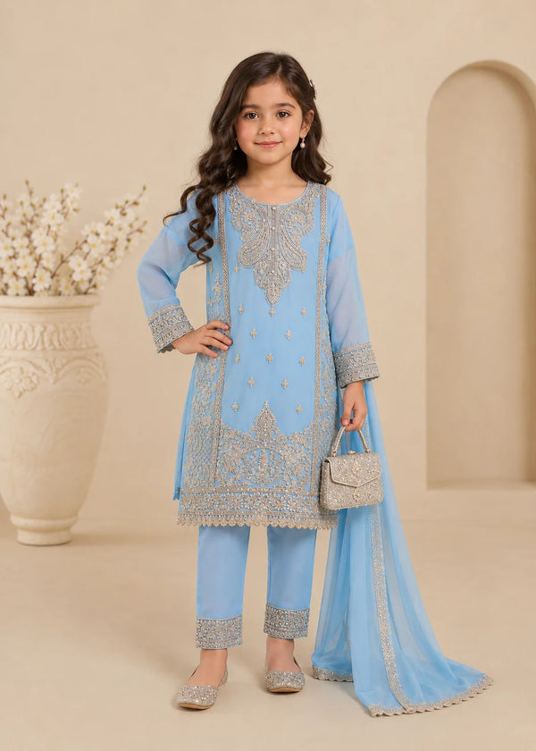 Powder Blue – Premium Embroidered Kids 3PC Kurta Set