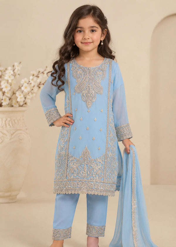 Powder Blue – Premium Embroidered Kids 3PC Kurta Set