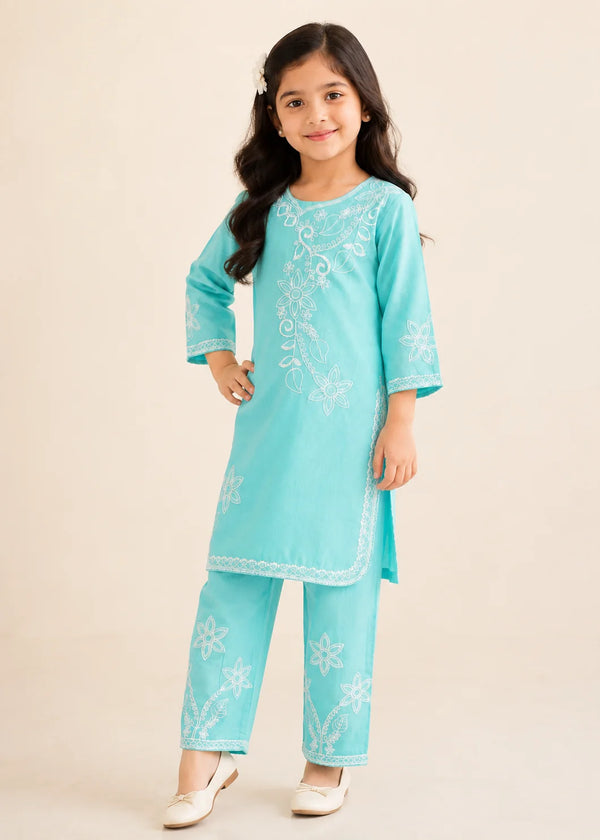 Kids Aquamarine Embroidered Cotton Kurta Set