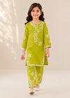 Kids Embroidered Lime Green Cotton Kurta Set