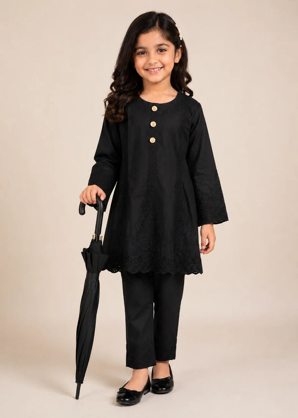 Kids Black Embroidered Cotton Kurta Set